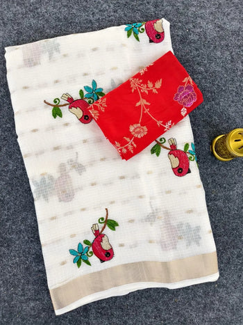 Pure Kota Bird Embroidery Designer Saree