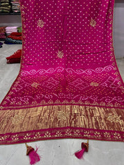 Gaji Silk Original Bandhani Gota Pati Hand Work Saree