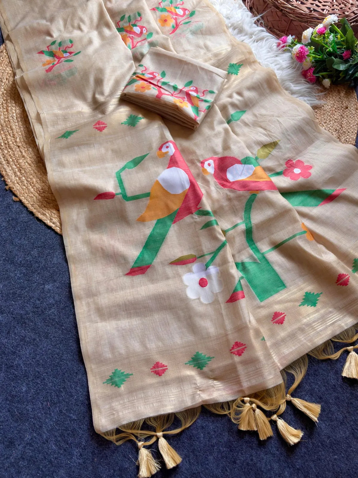 Soft Chanderi Cotton Parrot Motif Saree