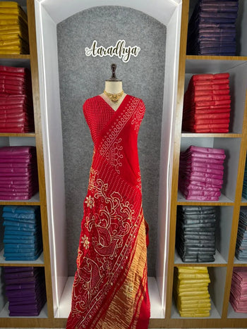 Bandhani Gotapati Work Red Saree