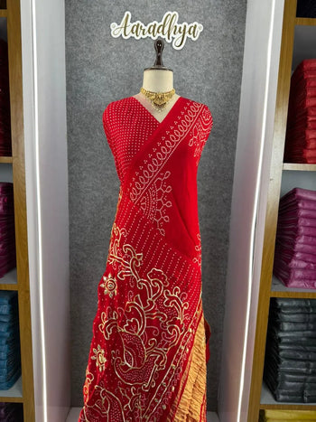 Bandhani Gotapati Work Red Saree