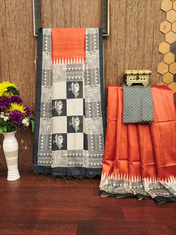 Soft Tussar Silk Madhubani Kathak Figures Saree