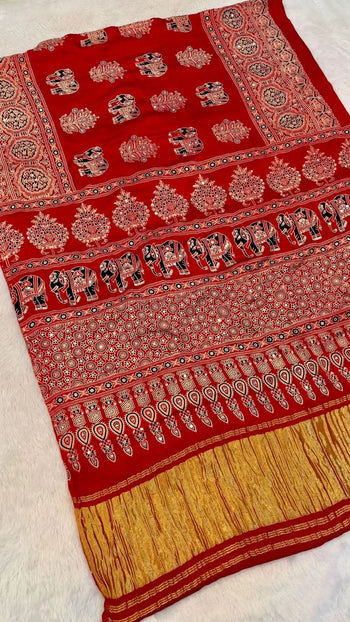 Pure Gaji Silk Original Mirror Work Hand Block Ajrakh Saree