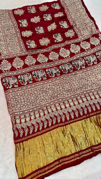 Pure Gaji Silk Original Mirror Work Hand Block Ajrakh Saree