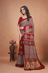 Pure Gaji Silk Original Mirror Work Hand Block Ajrakh Saree