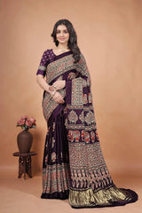 Pure Gaji Silk Original Mirror Work Hand Block Ajrakh Saree