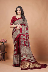 Pure Gaji Silk Original Mirror Work Hand Block Ajrakh Saree
