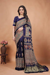 Pure Gaji Silk Original Mirror Work Hand Block Ajrakh Saree