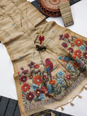 Ghicha Cotton Bird & Flower Design Saree