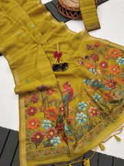 Ghicha Cotton Bird & Flower Design Saree