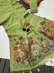 Ghicha Cotton Bird & Flower Design Saree
