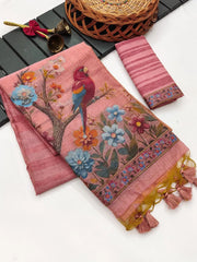 Ghicha Cotton Bird & Flower Design Saree