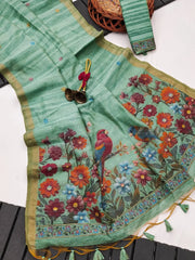 Ghicha Cotton Bird & Flower Design Saree