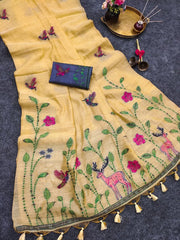 Muga Cotton Floral Bird Weaving Saree