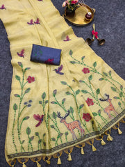Muga Cotton Floral Bird Weaving Saree