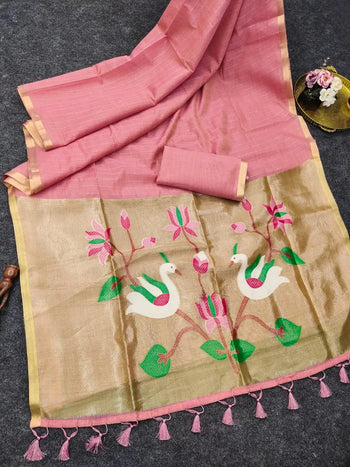 Soft Muga Cotton Lotus Swan Border & Tassels Saree