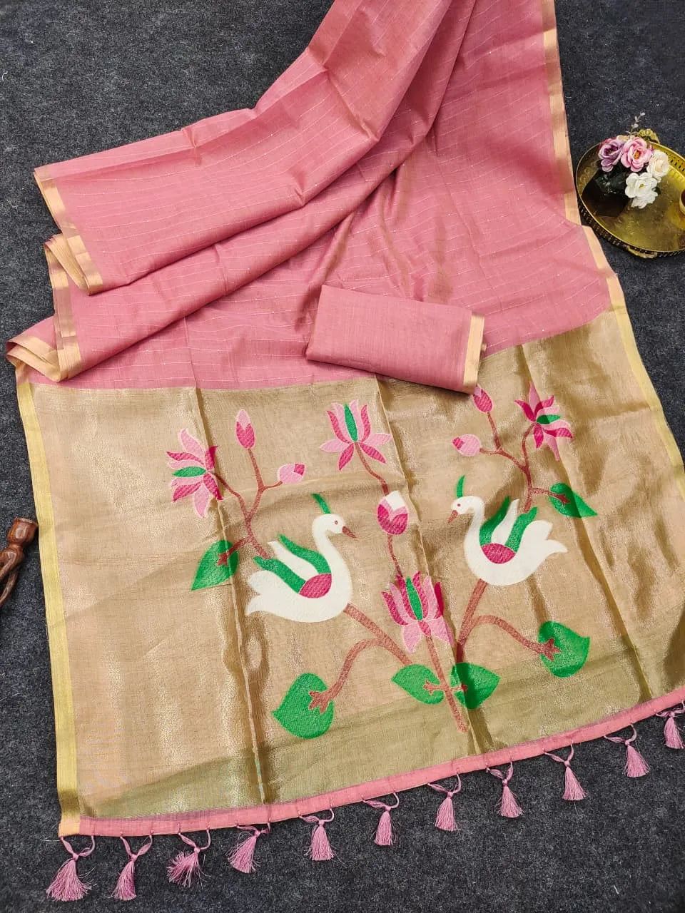Soft Muga Cotton Lotus Swan Border & Tassels Saree