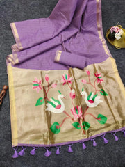 Soft Muga Cotton Lotus Swan Border & Tassels Saree