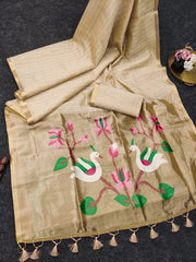 Soft Muga Cotton Lotus Swan Border & Tassels Saree