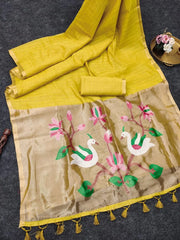 Soft Muga Cotton Lotus Swan Border & Tassels Saree