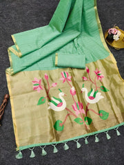 Soft Muga Cotton Lotus Swan Border & Tassels Saree