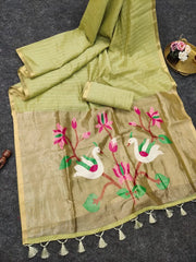 Soft Muga Cotton Lotus Swan Border & Tassels Saree