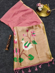 Soft Muga Cotton Lotus Swan Border & Tassels Saree