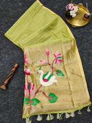 Soft Muga Cotton Lotus Swan Border & Tassels Saree