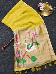 Soft Muga Cotton Lotus Swan Border & Tassels Saree