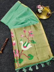Soft Muga Cotton Lotus Swan Border & Tassels Saree