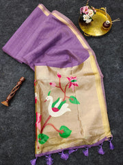 Soft Muga Cotton Lotus Swan Border & Tassels Saree