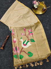 Soft Muga Cotton Lotus Swan Border & Tassels Saree