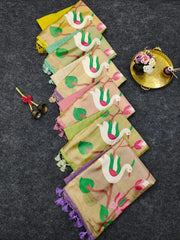 Soft Muga Cotton Lotus Swan Border & Tassels Saree