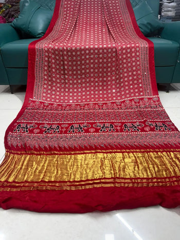 Original Mirror Hand Work Ajrakh Saree