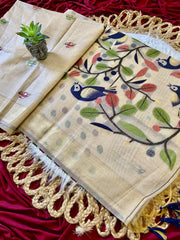 Muga Coton Resham Weaving Birds Design Saree