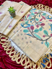 Muga Coton Resham Weaving Birds Design Saree