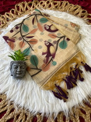 Muga Coton Resham Weaving Birds Design Saree