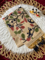 Muga Coton Resham Weaving Birds Design Saree