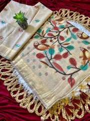 Muga Coton Resham Weaving Birds Design Saree