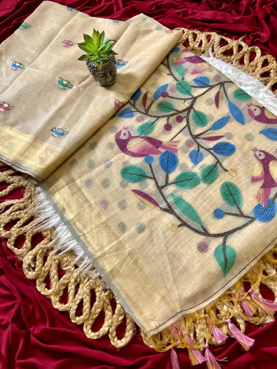 Muga Coton Resham Weaving Birds Design Saree