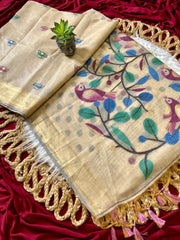 Muga Coton Resham Weaving Birds Design Saree