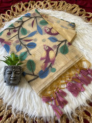 Muga Coton Resham Weaving Birds Design Saree
