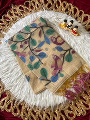 Muga Coton Resham Weaving Birds Design Saree
