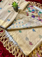 Muga Coton Resham Weaving Birds Design Saree