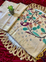 Muga Coton Resham Weaving Birds Design Saree