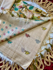 Muga Coton Resham Weaving Birds Design Saree