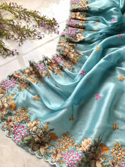 Tissue Silk Floral & Knot Embroidery Saree