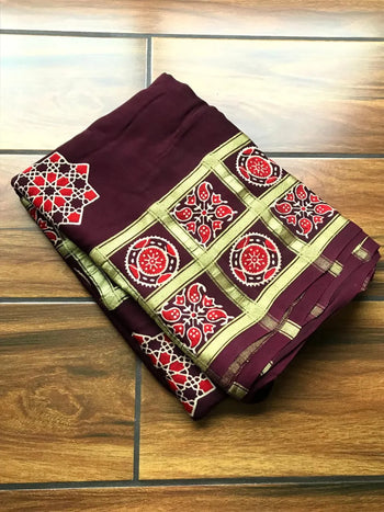 Pure Modal Silk Hand Block Ajrakh Printed Saree