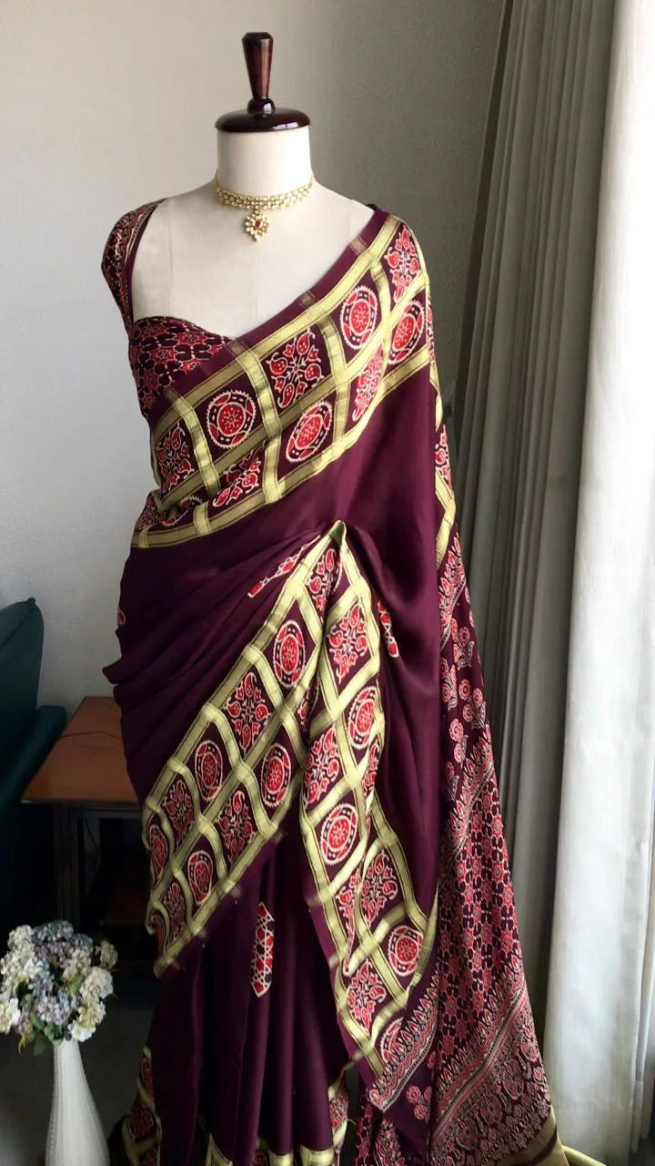 Pure Modal Silk Hand Block Ajrakh Saree