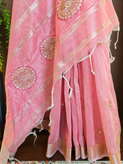 Tissue Linen Silk Embroidery Bits Work Designer Saree